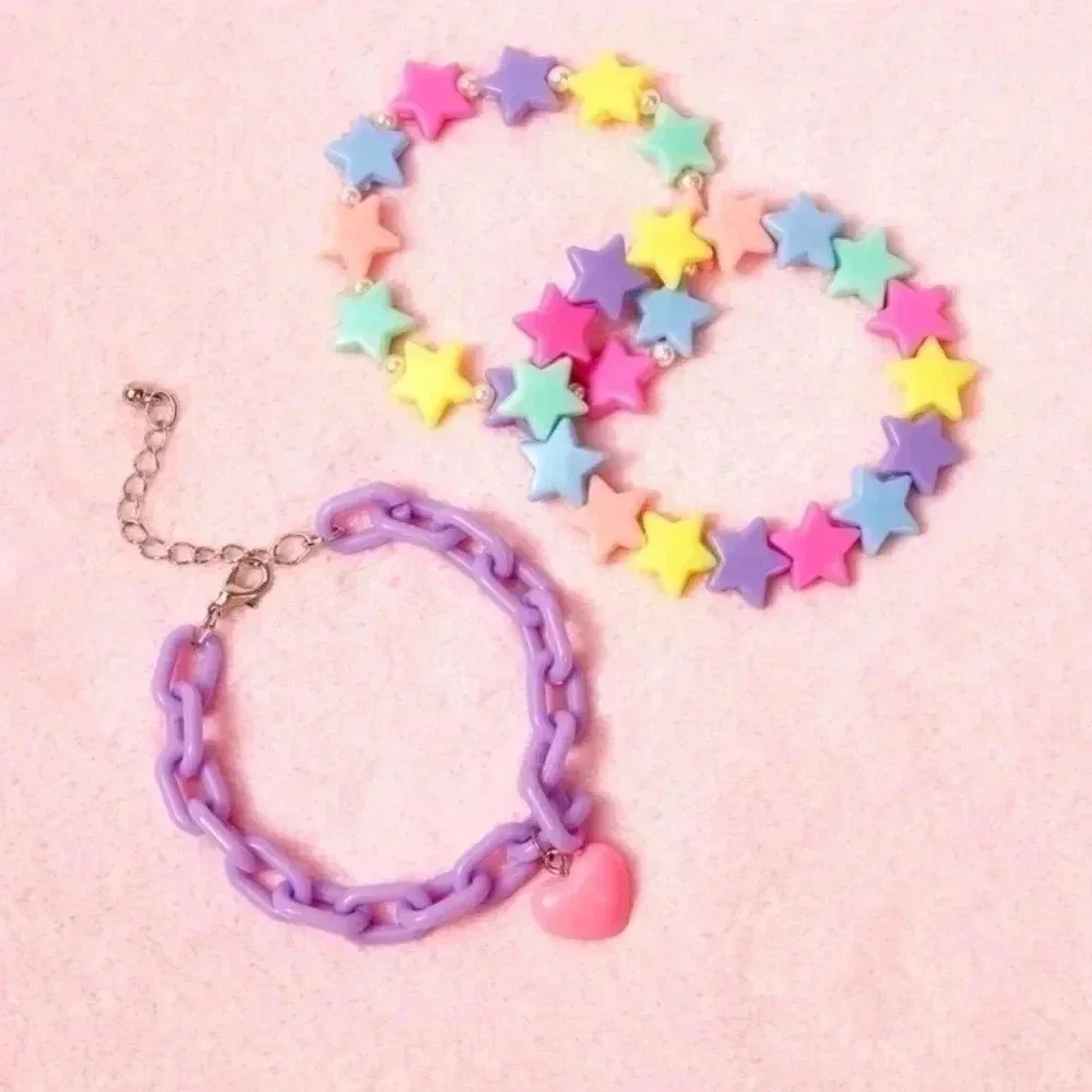 Three piece pastel purple rainbow color graphic Star girls bracelet set jewelry